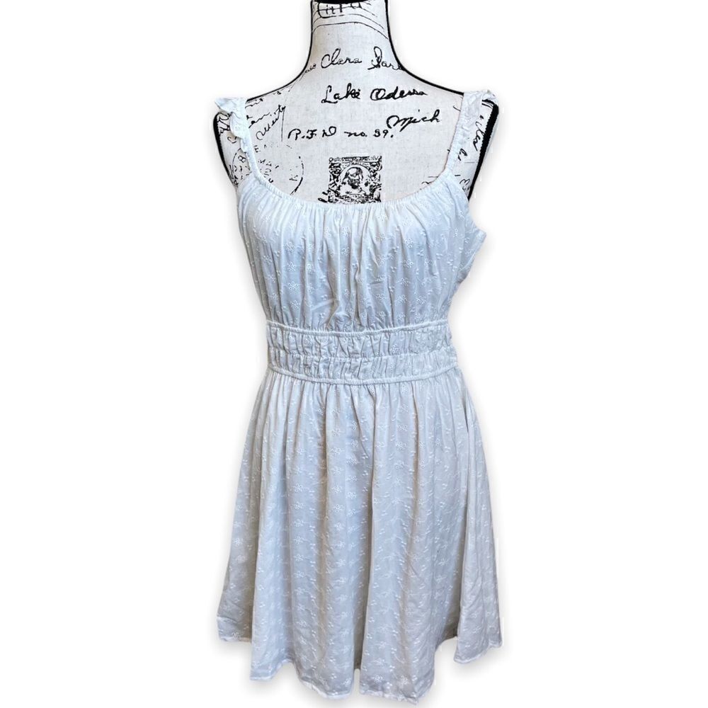 After Market White Broderie Eyelet Mini Dress with Ruffles and Smocked Waist M